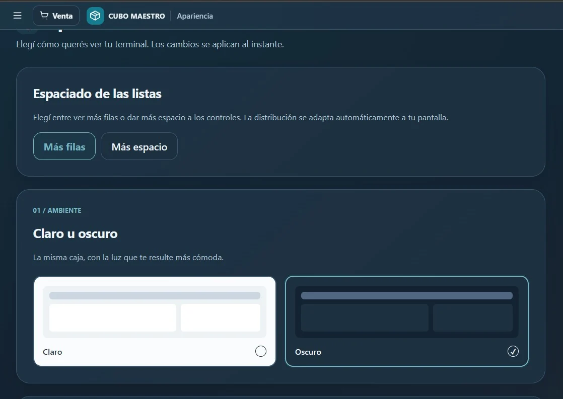 Configuración del modo oscuro de CUBO